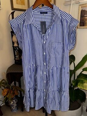 Tommy Hilfiger Blue and White Striped Tiered Button-Front Mini Dress